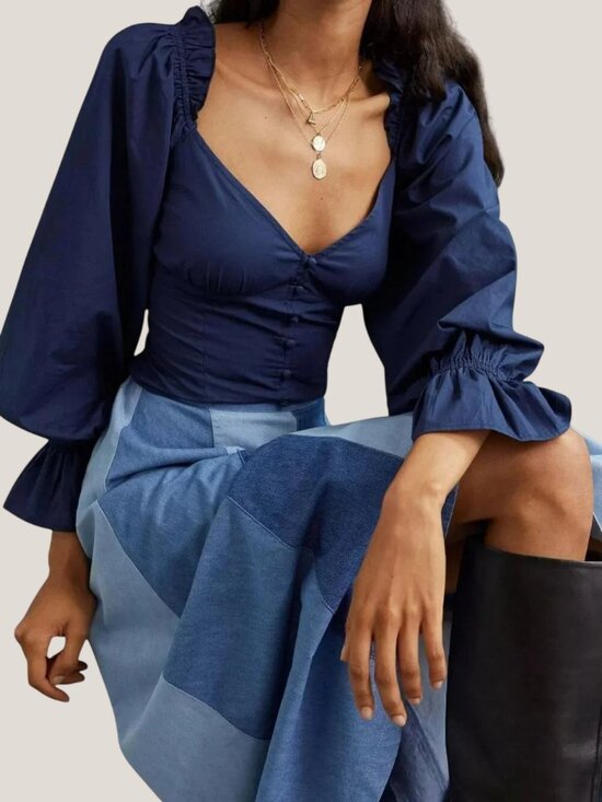 Anthropologie Tops - Anthropologie Puff-Sleeved Sweetheart Blouse Blue Large
